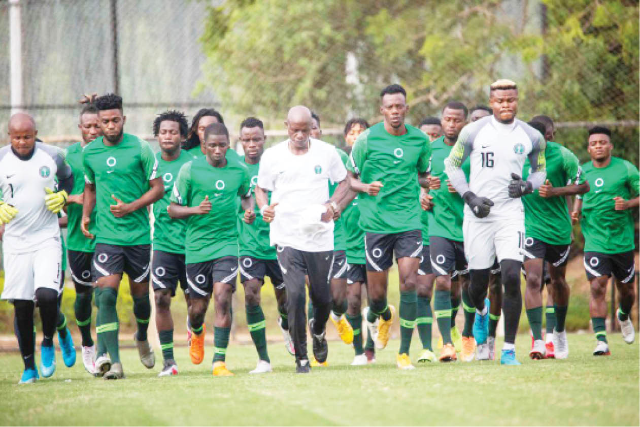 The home-based Super Eagles in a training session prior to their journey to the United States