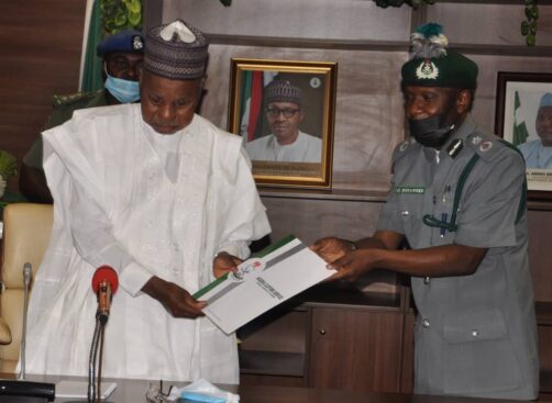 Gov Masari receives the condolence letter from the leader of the delegation, AGC Uba Muhammed