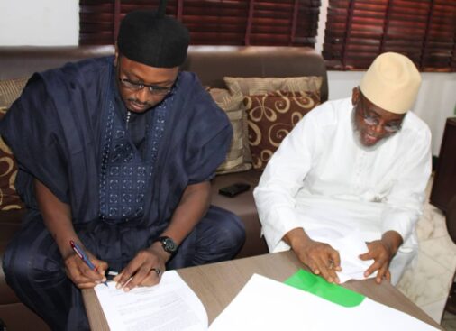 Director General, National Institute for Hospitality and Tourism (NIHOTOUR), Alhaji Nura S Kangiwa (left); and Chairman/CEO, National Hajj Commission of Nigeria (NAHCON), Alhaji Zikirullah Kunle Hassan, signing the MOU in Abuja.