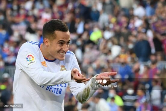 Real Madrid's Spanish forward Lucas Vazquez celebrates after scoring his team's second goal during the Spanish League football match between FC Barcelona and Real Madrid CF at the Camp Nou stadium in Barcelona on October 24, 2021. LLUIS GENE / AFP