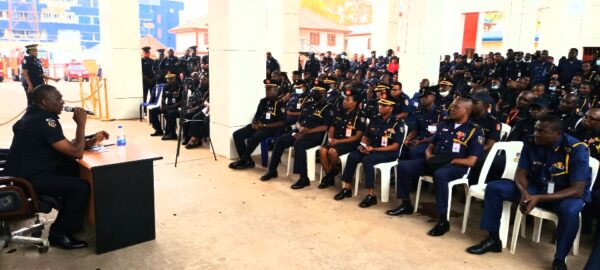 Acting Controller General (CG) of the Federal Fire Service (FFS), Karebo Pere Samson holds an interactive session on Tuesday with officers and men of the Service