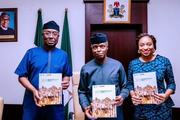 PEBEC Secretary and Special Adviser to the President on Ease of Doing Business, Dr. Jumoke Oduwole (right) with Vice President Prof. Yemi Osinbajo at a meeting on PEBEC