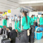 Super Falcons players waiting for hours at the Abuja airport on arrival from Abidjan.