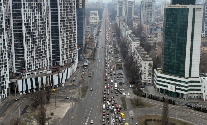 Traffic jams as people leave the city of Kyiv, Ukraine yesterday