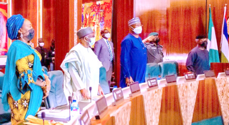 From left: The Head of Civil Service of the Federation, Dr Folashade Yemi-Esan; the Chief of Staff to the President, Prof Ibrahim Gambari; the Secretary to the Government of the Federation, Mr Boss Mustapha and Vice President Yemi Osinbajo during a virtual meeting of the Federal Executive Council at the Presidential Villa in Abuja yesterday