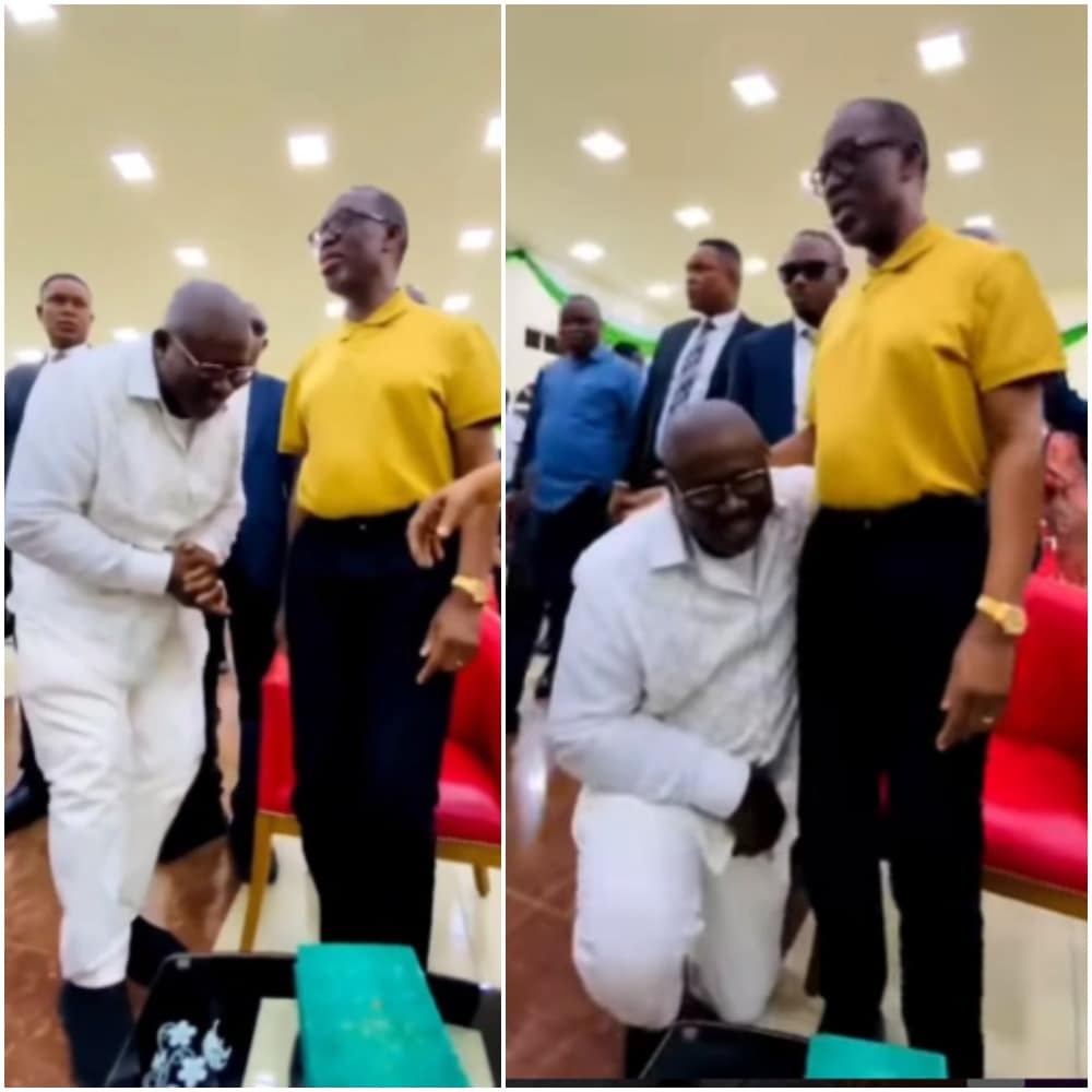 [Video] Delta Speaker kneels to thank Gov Okowa after emerging PDP gov’ship candidate