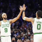 Boston Celtics' Derrick White and Jayson Tatum