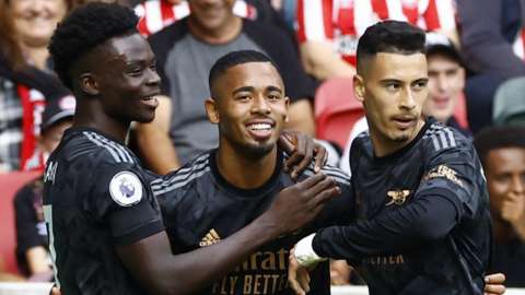 Arsenal players celebrate with Gabriel Jesus after scoring the second goal again Brentford