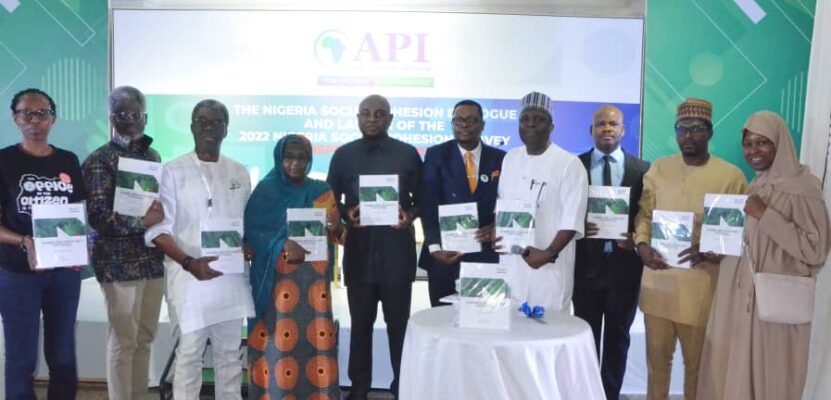 From left: Executive Director, Africa Polling Institute (API), Prof. Bell Ihua (5th, R); Guest Speaker/Former Governor of CBN, Prof. Kingsley Moghalu (5th, L) with other participants during the API’s 2022 Nigeria Social Cohesion Dialogue, in Abuja