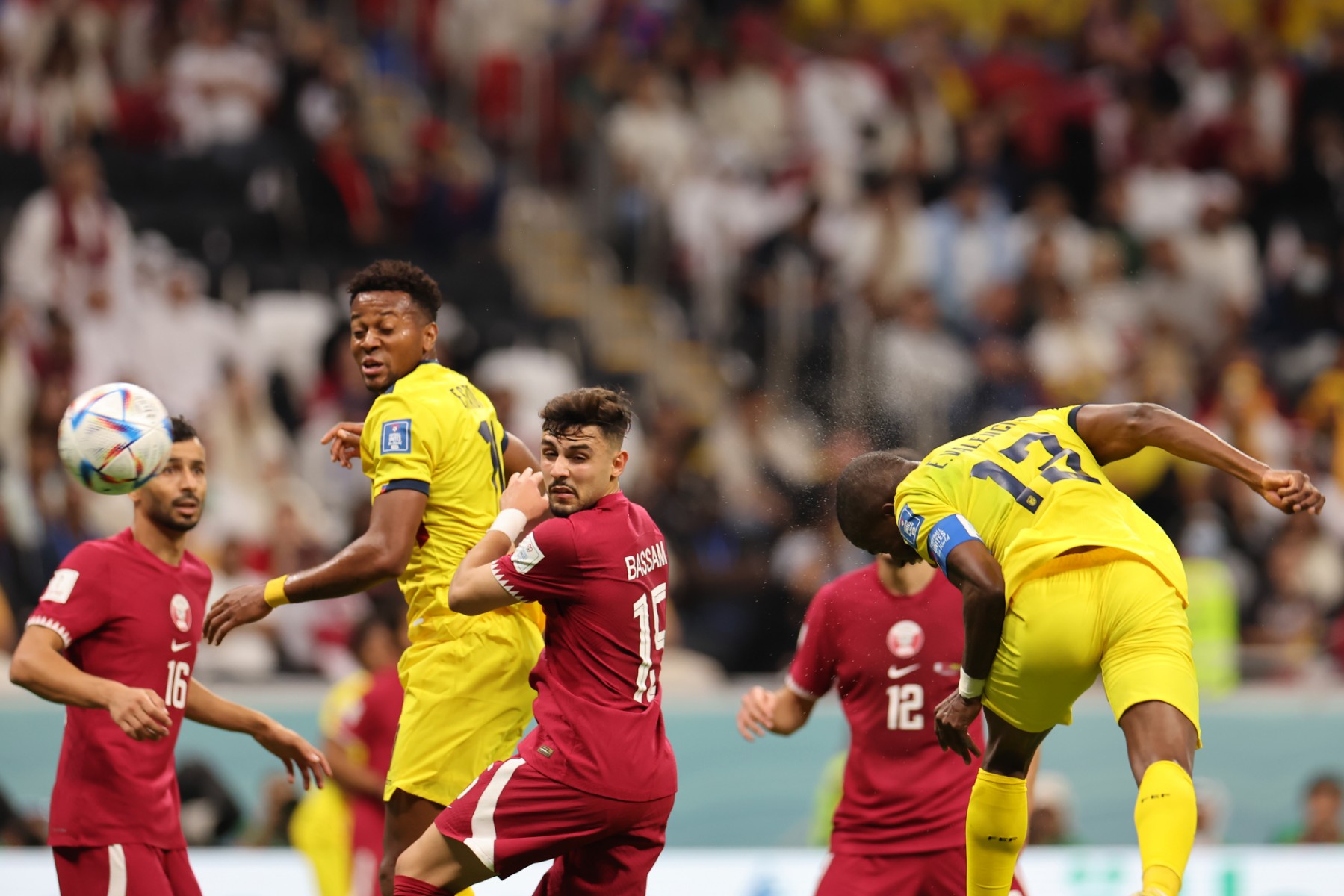 Ecuador's forward, Enner Valencia (R) scores his team's second goal during the Qatar 2022 World Cup Group A football match between Qatar and Ecuador at the Al-Bayt Stadium in Al Khor, north of Doha on November 20, 2022. (Photo by KARIM JAAFAR / AFP)