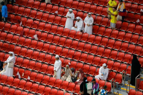 A view of the stands at the end of the Qatar 2022 World Cup Group A football match between Qatar and Ecuador at the Al-Bayt Stadium in Al Khor, north of Doha on November 20, 2022. (Photo by Odd ANDERSEN / AFP)