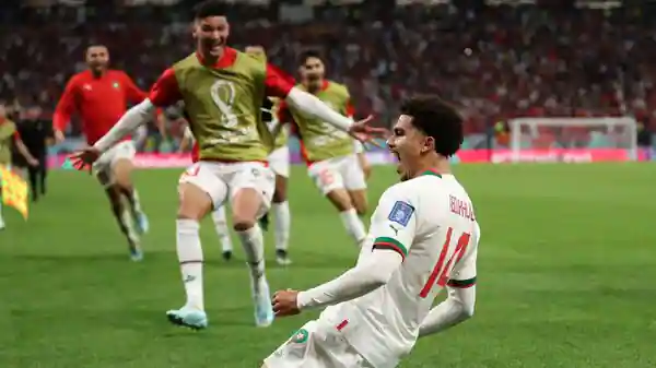 Morocco's Zakaria Aboukhlal celebrates scoring their second goal