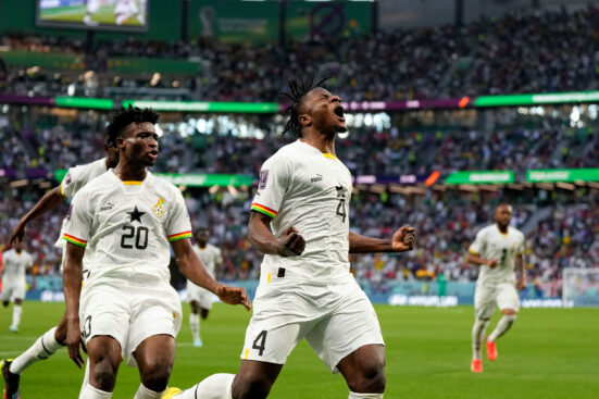 Ghana's Mohammed Salisu celebrates after he scored the opening goal during the World Cup group H soccer match between South Korea and Ghana, at the Education City Stadium in Al Rayyan, Qatar, Monday, Nov. 28, 2022