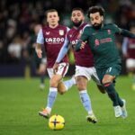 Liverpool's Egyptian striker Mohamed Salah (R) runs with the ball during the English Premier League football match between Aston Villa and Liverpool at Villa Park