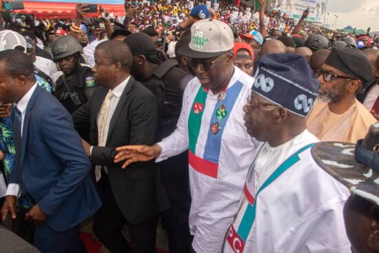 Timipre Sylva and Bola Ahmed Tinubu at the Tinubu/Shettima Presidential campaign rally in Yenagoa