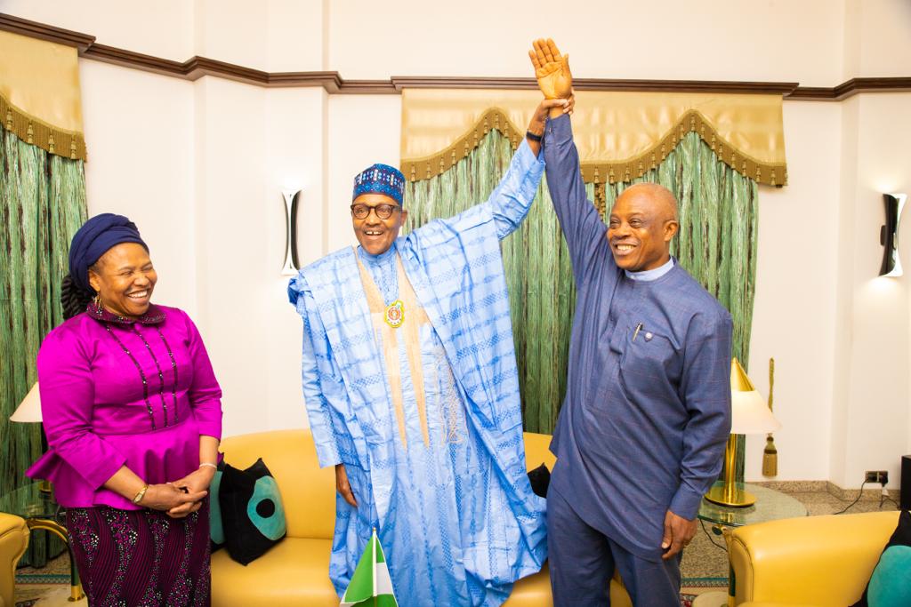 PHOTO: Buhari hosts Abia APC guber candidate, wife at Aso Rock