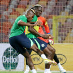 Victor Osimhen gets going against Omeruo and Uzoho at training on Wednesday
