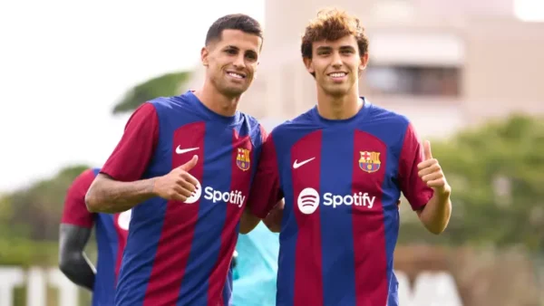 Joao Cancelo and Joao Felix after signing for Barcelona