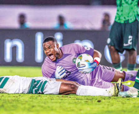 stanley nwabali writhes in pains during the game against cameroon