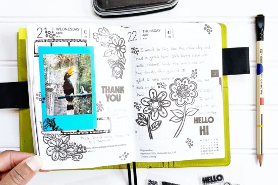 planner scrapbooking using floral stamps