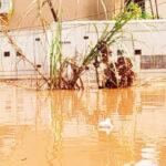 people wade through the flooded headquarters of the independent national electoral commission (inec) in benin, edo state after a torrential rainfall