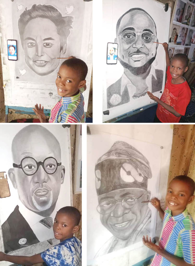 the nine year old morenikeji ebunoluwa joshua posing with some of his pencil drawings