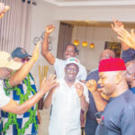 edo state governor elect, monday okpebholo (middle), celebrating with apc chieftains, shortly after he was declared winner of the election by inec in benin, yesterday