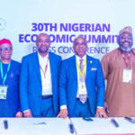 From left: Ms Amina Maina, Vice Chairman III, Nigerian Economic Summit Group (NESG); Mr Felix Okonkwo, Director, Macroeconomic Analysis, Federal Ministry of Budget and Economic Planning; Mr Niyi Yusuf, Chairman, NESG; Dr Emeka Vitalis Obi, Permanent Secretary, Federal Ministry of Budget and Economic Planning; Dr Tayo Aduloju, CEO, NESG and Mrs Wonuola Adetayo, Board Director NESG at the 30th Nigerian Economic Summit (NES#30) Press Briefing in Abuja on Wednesday.