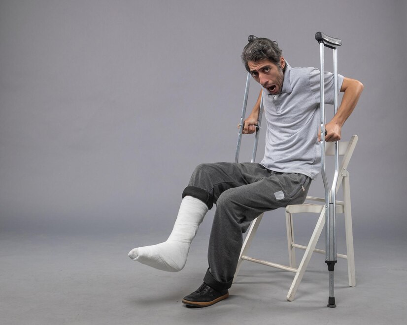 front view young male with broken foot trying stand up holding crutches grey wall foot broken pain twist accident leg 140725 116544