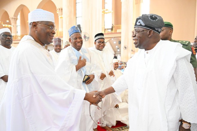 PHOTOS: Ganduje, Bala Mohammed all smiles as Tinubu, Atiku shake hands at National mosque