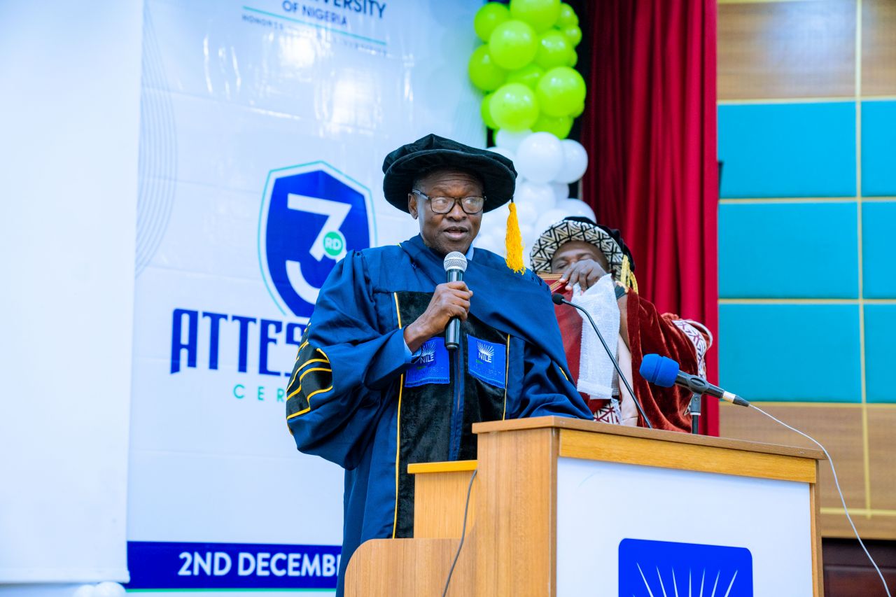 Nile University’s Vice-Chancellor Prof. Dilli Dogo, delivering an address at the 3rd Medical Attestation Ceremony of the Institution, 2024.