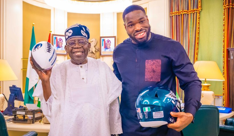 PHOTOS: Tinubu hosts Nigerian-born NFL champion in Aso rock